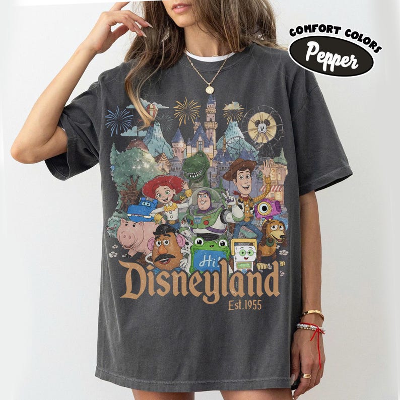 May include: A charcoal gray short-sleeve t-shirt featuring a graphic print of various animated characters in front of a castle and fireworks. The text "Disneyland Est. 1955" is printed at the bottom. A "Comfort Colors Pepper" label is in the corner.