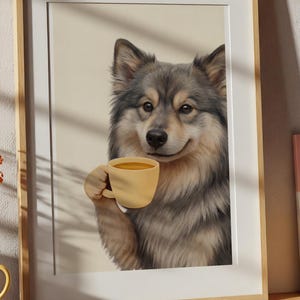 May include: A framed print shows a dog holding a yellow mug, set on a wooden surface. A yellow mug, a vase of orange flowers, and a yellow and white coffee maker are also present. A wall-mounted light fixture is visible, creating a warm, inviting scene.
