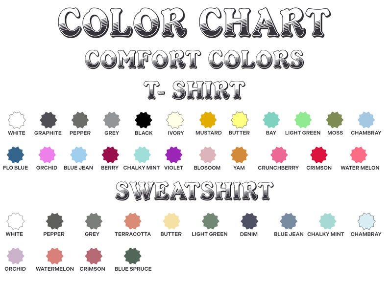 May include: A colour chart for Comfort Colors t-shirts and sweatshirts. The chart shows a range of colours, including white, black, blue, green, and pink. The text "COLOUR CHART" and "COMFORT COLOURS" are at the top.