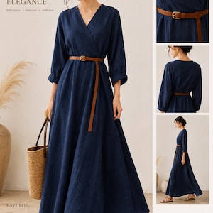 Vestido largo cruzado de lino – Vestido de verano minimalista estilo bohemio con cinturón