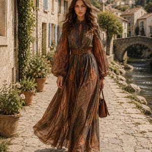 dark beige bishop sleeve dress Long Bishop Sleeve Midi Length Dress