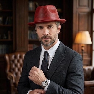 Könnte beinhalten: Ein roter Fedora-Hut mit passendem Hutband, getragen zu einem weißen Hemd mit Kragen, einer dunkelgrauen gemusterten Krawatte und einem anthrazitfarbenen Blazer. Eine silberfarbene Chronographen-Armbanduhr mit weißem Zifferblatt ist am Handgelenk sichtbar.