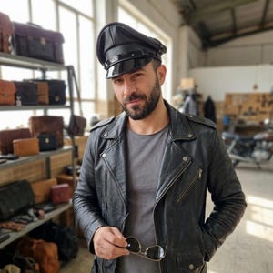 Könnte beinhalten: Schwarze Leder-Bikerjacke mit silbernem Reißverschluss und schwarze Lederkappe mit glänzendem Visier. Die Person trägt ein graues T-Shirt und hält eine Sonnenbrille. Regale im Hintergrund zeigen verschiedene Ledertaschen und Accessoires.