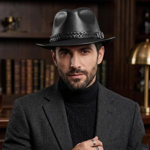 Echte leren fedora hoed, vintage cowboy streetwear, zwart modeaccessoire