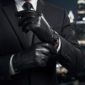 May include: Black leather gloves with a buttoned wrist strap. The gloves are worn with a black suit, white shirt, and black tie. The background features a blurred cityscape at night.