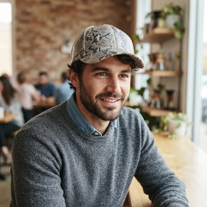 May include: A baseball cap featuring a grey and black snakeskin pattern. The cap has a structured crown, a curved brim, and a button on the top center. The material displays a detailed reptilian scale print across the entire surface.