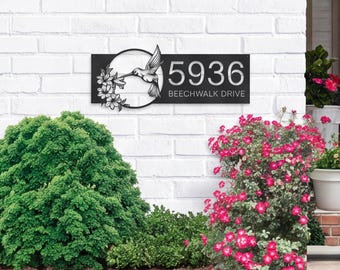 Personalisiertes Kolibri-Hausnummernschild aus Metall, florales Hausnummernschild, individuelles Außenadressenschild, Gartendekoration