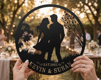 Arte de parede personalizada em metal, presente de casamento para o casal, decoração com silhueta de almas gêmeas, placa de aniversário, decoração de casamento vintage, nome personalizado