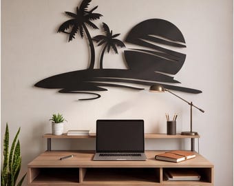 Metal Tropical Sunset Wall Art, Palm Tree Ocean Scene Decor, Mid Century Modern Gift, Beach House Outdoor Hanging