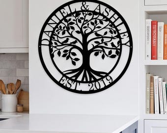 Personalized Tree of Life Metal Sign, Custom Family Name Wall Art, Kitchen Wall Decor, Family Tree Anniversary Gift, Rustic Home Accent