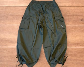 Insane super baggy wide leg Korean cargo parachute trousers in khaki green.