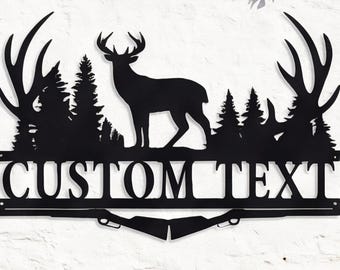 Aangepaste naam hertengewei metalen muurkunst, gepersonaliseerde Forest Buck ijzeren bord, rustieke muurdecoratie huis