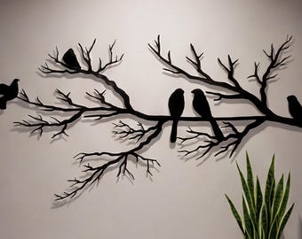 Custom Birds on Branch Metal Wall Art, Minimalist Tree Silhouette, Nature-Inspired Home Decor