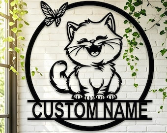 Letrero conmemorativo personalizado para gatos, regalo personalizado para mascotas, arte de pared de metal con gato y mariposa, regalo de condolencia para amantes de los gatos, decoración exterior única