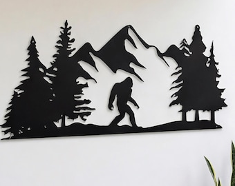 Personalized Bigfoot Mountain Metal Wall Art, Custom Wilderness Pine Forest Sign, Unique Adventure Decor Gift for Him