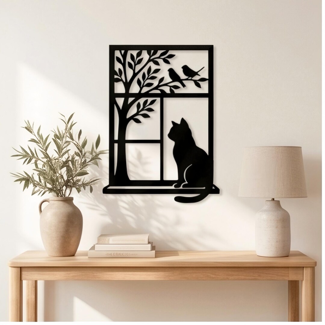 Custom Cat Window Metal Wall Art, Personalized Cat Watching Birds Decor ...