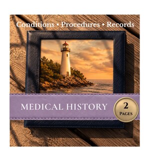 May include: A dark blue square binder featuring a lighthouse image, with the text "Conditions • Procedures • Records" at the top. A lavender horizontal band across the center displays "MEDICAL HISTORY" and a gold circular badge reading "2 PAGES".