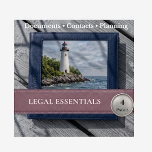 May include: A dark blue document folder featuring a central image of a white lighthouse on a rocky coast. The text "Documents • Contacts • Planning" appears at the top, with a mauve band across the front labeled "LEGAL ESSENTIALS" and "4 PAGES".