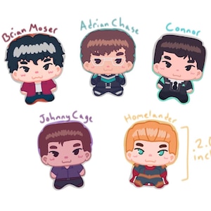 May include: Illustration of five cartoon characters, each with a name above them: Brian Moser, Adrian Chase, Connor, Johnny Cage, and Homelander. The Homelander character is 2.0 inches tall.