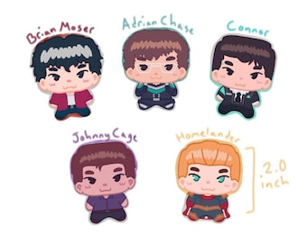 May include: Illustration of five cartoon characters, each with a name above them: Brian Moser, Adrian Chase, Connor, Johnny Cage, and Homelander. The Homelander character is 2.0 inches tall.
