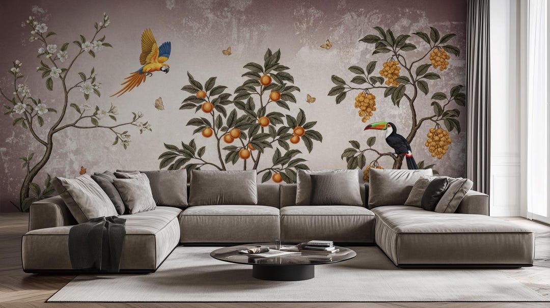Tropical Bird Wallpaper: Lush Fruit Tree Mural - Peel and Stick - Etsy