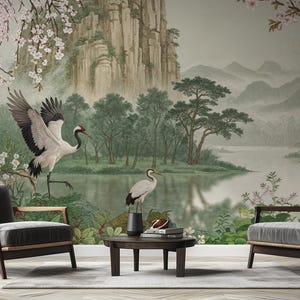 Papel pintado de grullas japonesas, lago sereno, ramas florecientes, mural autoadhesivo