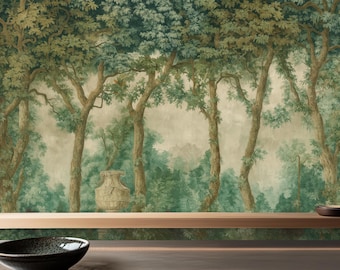 Mural de papel pintado con bosque verde, paisaje botánico vintage para sala de estar, autoadhesivo y extraíble.