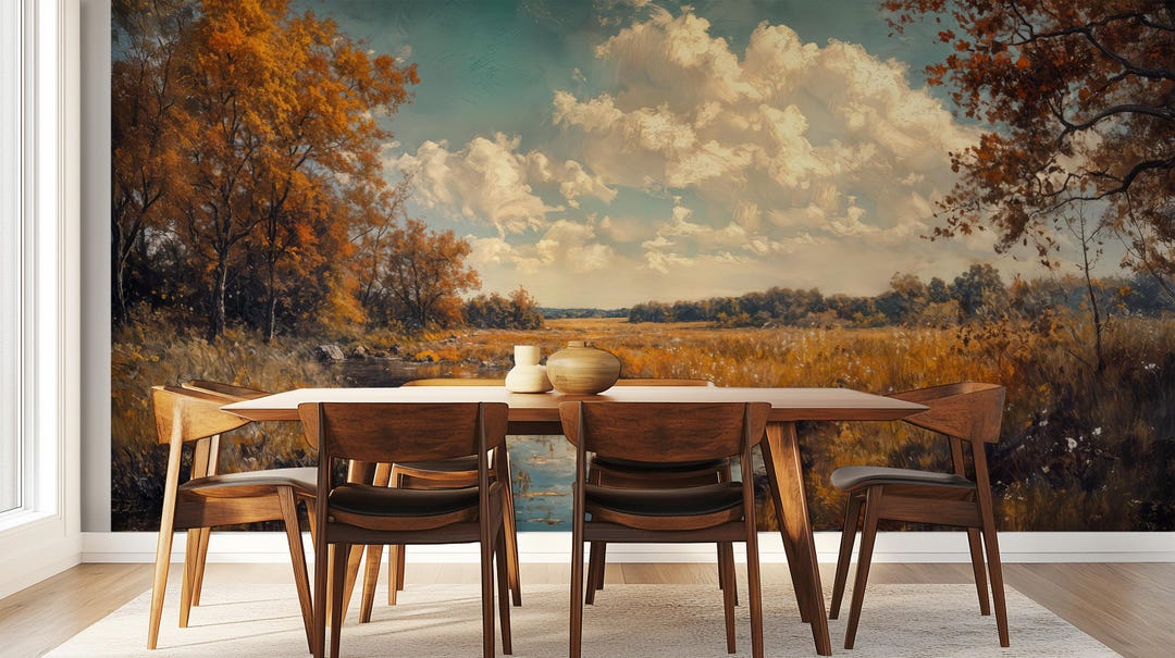 Rustic Golden Autumn Landscape Wallpaper, Rustic Golden Field Decor, Peel and Stick ...