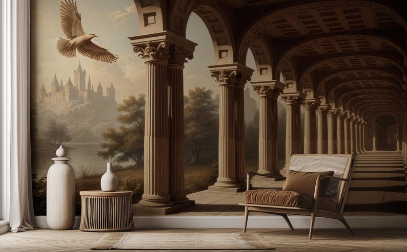 Vintage Architectural Mural Wallpaper: Classical Columns, Dove & Castle ...