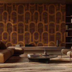 Brown Geometric Wallpaper Mural, Mid Century Wood Pattern – Office – Peel and Stick Removable