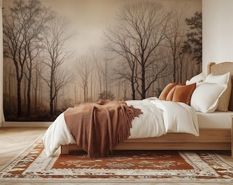Misty Forest Wallpaper, Sepia Brown Trees, Woodland Wall Mural