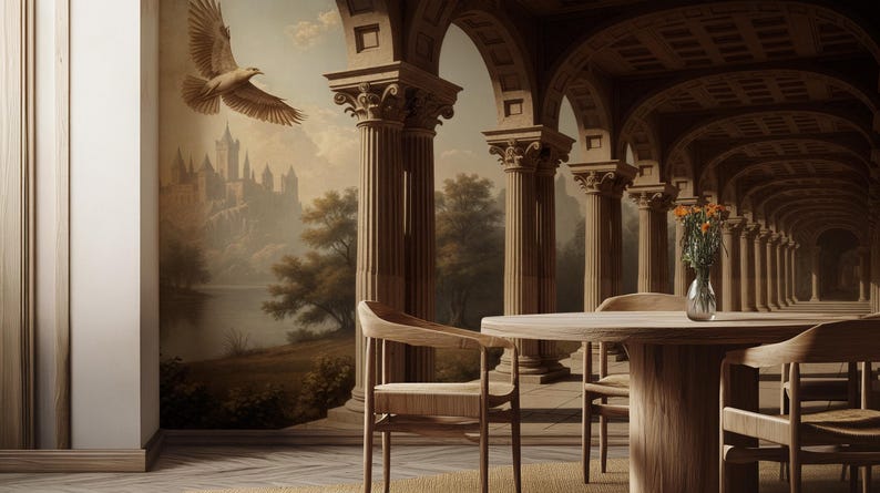 Vintage Architectural Mural Wallpaper: Classical Columns, Dove & Castle ...