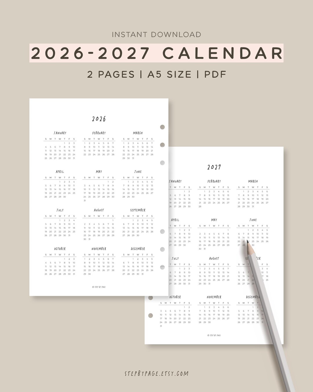 2026 2027 A5 Two Year Calendar Printable Inserts Minimal Layout Monday ...