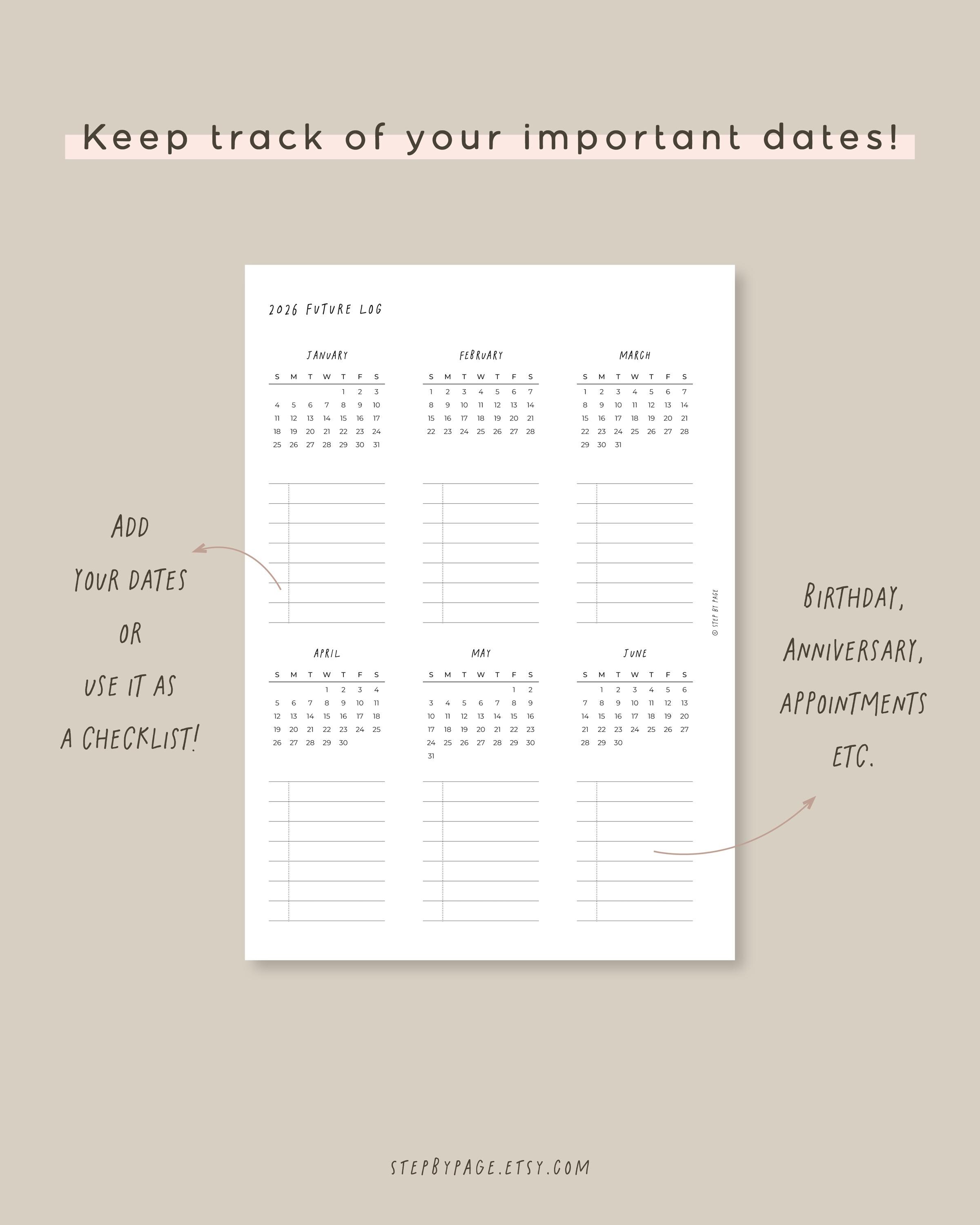 Printable 2026 Future Log Planner Insert, Yearly Overview for Ring ...