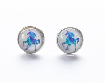 Unicorn earrings, multi coloured glass stud earrings, stainless steel anti allergy jewelry,  gift for pony loving daughter, round studs