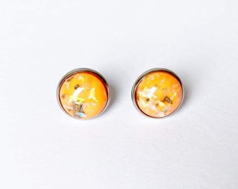 Orange and gold leaf holographic earrings, summer vibe stud earrings, stainless steel anti allergy jewelry, gifts for her, boucles d’oreille