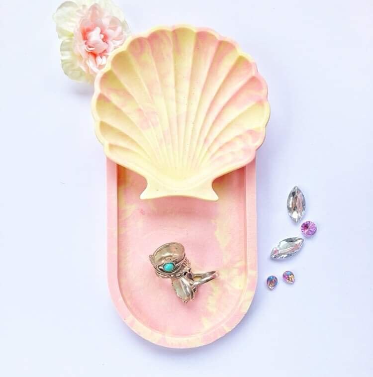 Oval Trinket Tray & Shell Dish Set, Jesmonite Catch All Tray, Concrete Jewelry Dish, Boho Decor, Han