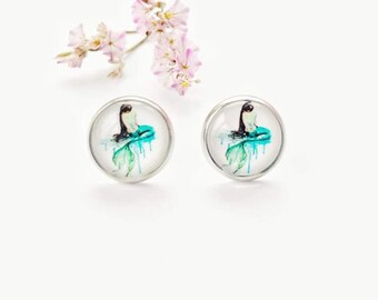 Mermaid ocean earrings, blue green mermaid glass stud earrings, stainless steel anti allergy jewelry,  beach theme round earrings
