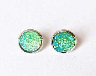 Green sparkly earrings, glitter druzy stud earrings, stainless steel anti allergy jewelry, gifts for her, lime green studs, ladies jewelry