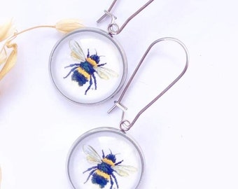 Boucles d‘oreille abeille, acier inoxydable, cabochon en verre abeille, légère pendants longue boucles d’oreille