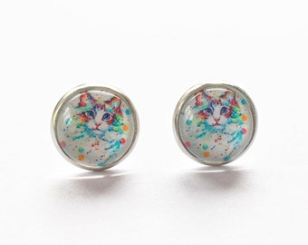 Cat earrings, multi coloured glass stud earrings, stainless steel anti allergy jewelry, watercolor style glass cat earrings, round studs