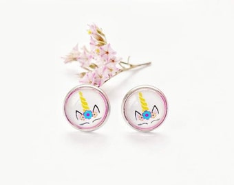 Unicorn flower earrings, unicorn head pastel glass stud earrings, stainless steel anti allergy jewelry,  gift for pony loving daughter