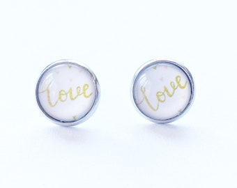 White love earrings, gold and white glass stud earrings, stainless steel anti allergy jewelry,  birthday gift for teen daughter, round stud