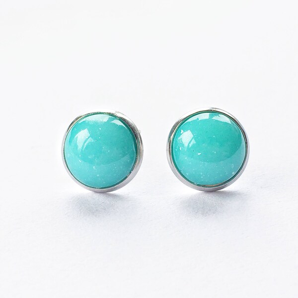 Turquoise aqua blue candy ball stud earrings, robins egg blue studs, stainless steel anti allergy earrings, glittery aqua studs