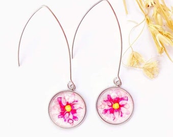 Boucles d‘oreille fleur rose, acier inoxydable, cabochon en verre florale, légère pendants longue boucles d’oreille l’été