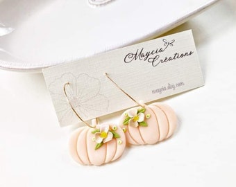 Handmade floral pumpkin hanging hoop earrings // stainless steel gold plated autumn style statement earrings
