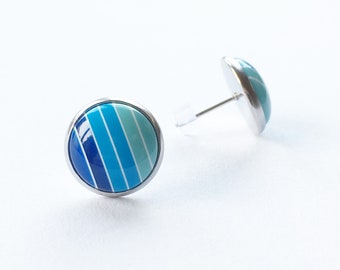 Blue candy striped earrings, stripey pattern stud earrings, stainless steel anti allergy jewelry, gifts for her, sweetie earrings