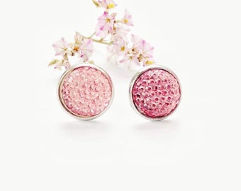 Pink sparkly earrings, druzy style glitter stud earrings, stainless steel anti allergy jewelry, gifts for her, cabochon studs