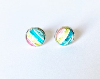 Pastel rainbow candy striped earrings, stripey pattern stud earrings, stainless steel anti allergy jewelry, gifts for her, sweetie earrings