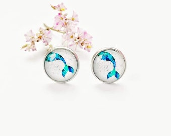 Mermaid tail earrings, blue green mermaid glass stud earrings, stainless steel anti allergy jewelry,  beach theme round earrings